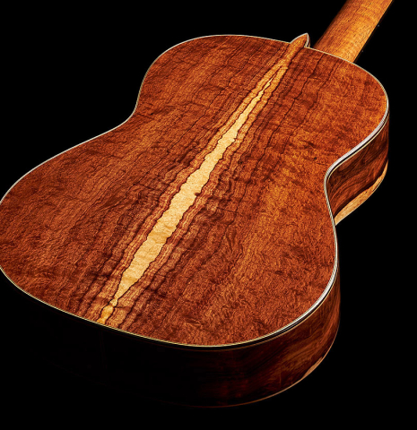 The back and sides of a 2024 Wolfgang Jellinghaus "Flamenca Negra" flamenco guitar with spruce and Granadillo.