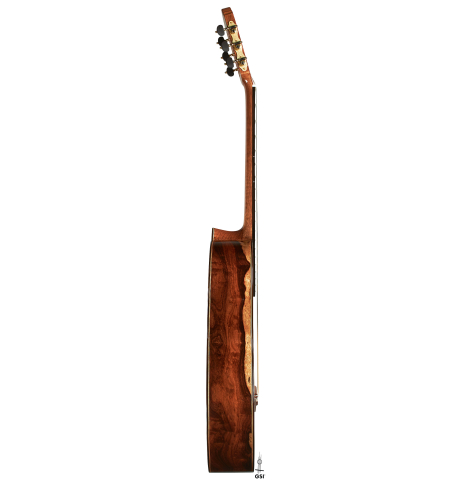 The side of a 2024 Wolfgang Jellinghaus "Flamenca Negra" flamenco guitar with spruce and Granadillo.