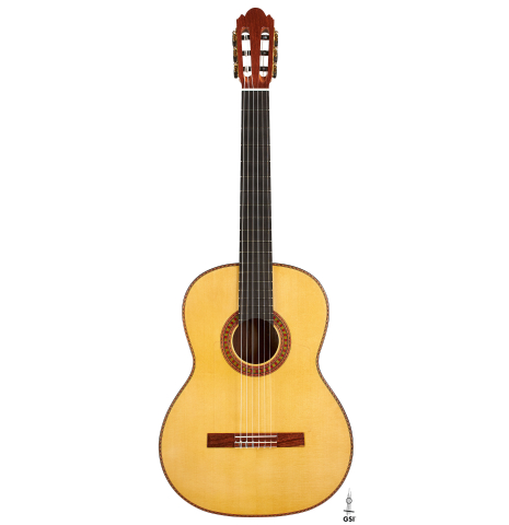 The front of a 2024 Wolfgang Jellinghaus "Flamenca Negra" flamenco guitar with spruce and Granadillo.