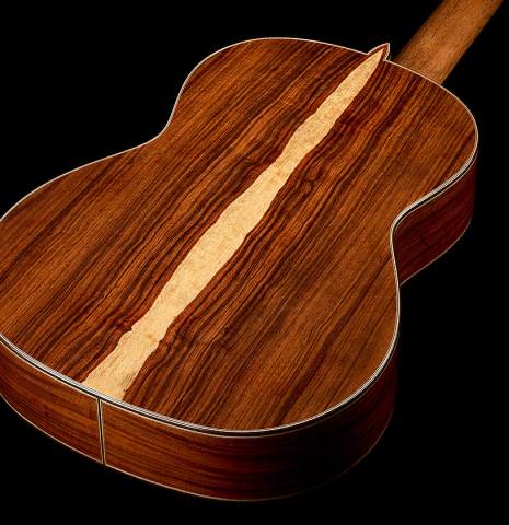 The back and sides of a 2026 Wolfgang Jellinghaus "Flamenca Negra" flamenco guitar made of spruce and granadillo