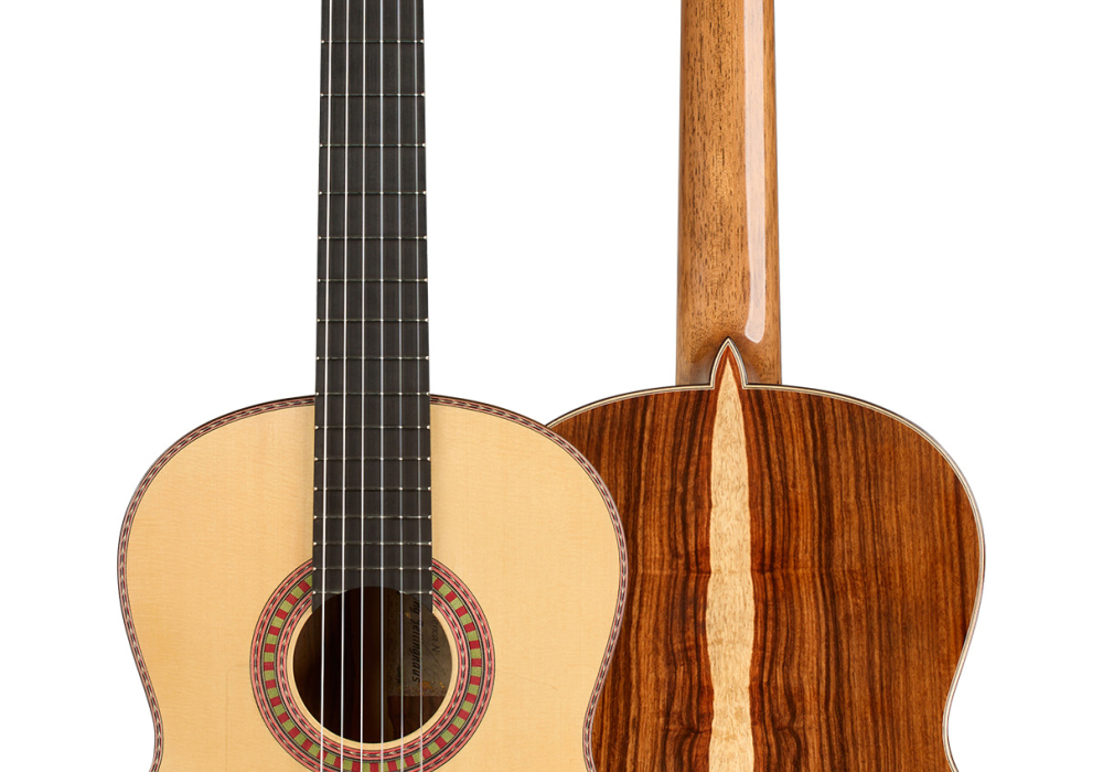 Front and back of a 2026 Wolfgang Jellinghaus “Flamenca Negra” flamenco guitar, spruce and granadillo