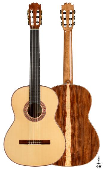 Front and back of a 2026 Wolfgang Jellinghaus “Flamenca Negra” flamenco guitar, spruce and granadillo