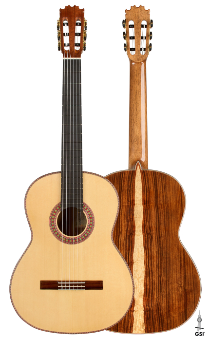 Front and back of a 2026 Wolfgang Jellinghaus “Flamenca Negra” flamenco guitar, spruce and granadillo