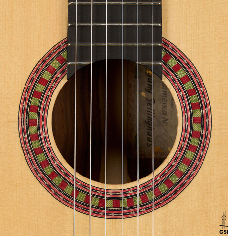 The rosette of a 2026 Wolfgang Jellinghaus "Flamenca Negra" flamenco guitar made of spruce and granadillo