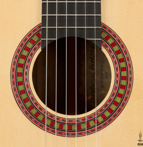 The rosette of a 2026 Wolfgang Jellinghaus "Flamenca Negra" guitar made of spruce and African rosewood