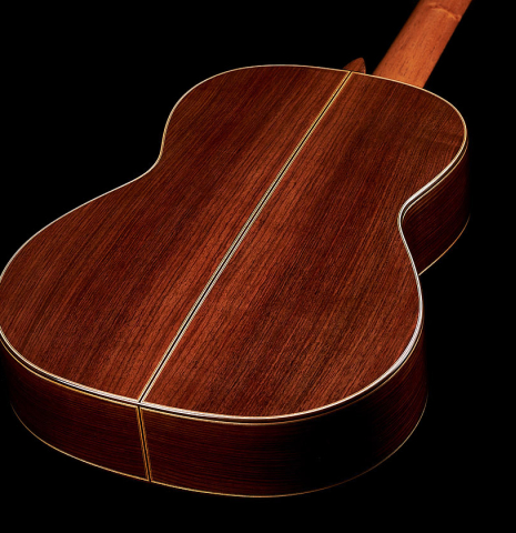 The back and sides of a 2024 Wolfgang Jellinghaus "Flamenca Negra" flamenco guitar with spruce and Indian rosewood