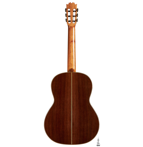 The back of a 2024 Wolfgang Jellinghaus "Flamenca Negra" flamenco guitar with spruce and Indian rosewood