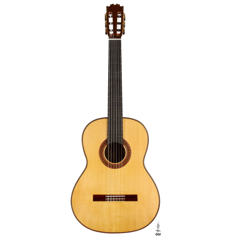 The front of a 2024 Wolfgang Jellinghaus "Flamenca Negra" flamenco guitar with spruce and Indian rosewood