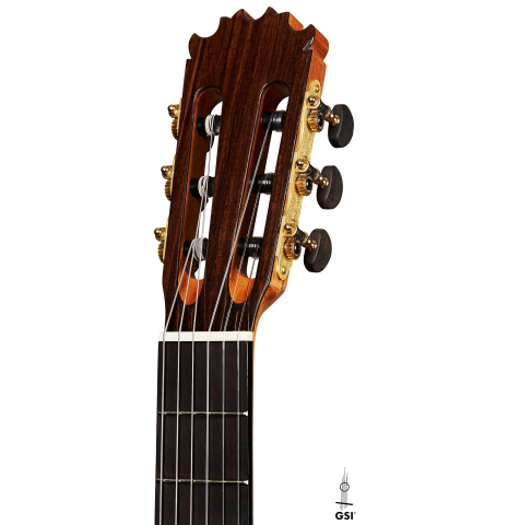 The headstock of a 2024 Wolfgang Jellinghaus "Flamenca Negra" flamenco guitar with spruce and Indian rosewood