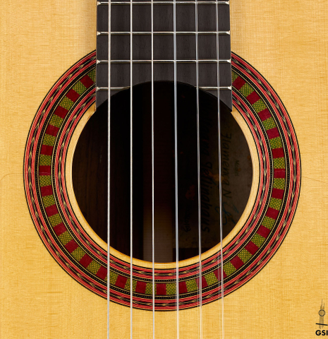 The rosette of a 2024 Wolfgang Jellinghaus "Flamenca Negra" flamenco guitar with spruce and Indian rosewood