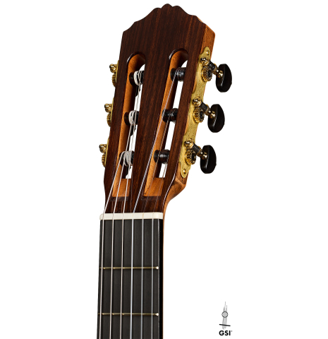 The headstock of a La Cañada "1934 Domino Esteso" flamenco guitar made of spruce and cypress
