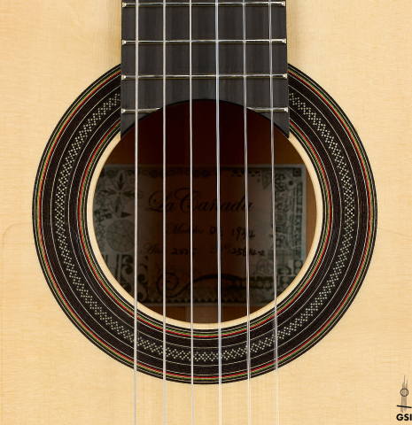 The rosette of a La Cañada "1934 Domino Esteso" flamenco guitar made of spruce and cypress