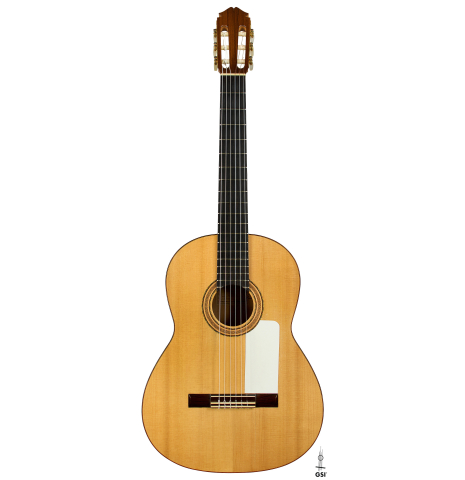 The front of a 1961 Marcelino Lopez "Blanca" flamenco guitar made of spruce and cypress