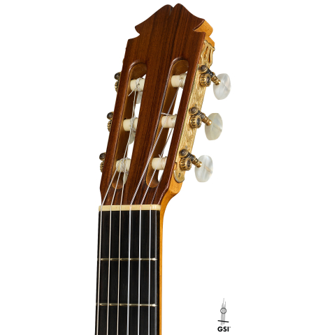 The headstock of a 1961 Marcelino Lopez "Blanca" flamenco guitar made of spruce and cypress