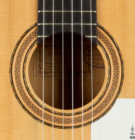 The rosette of a 1961 Marcelino Lopez "Blanca" flamenco guitar made of spruce and cypress