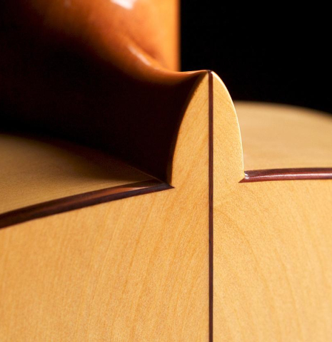 The heel and cypress back of a Loriente &quot;Carmen&quot; flamenco guitar made with spruce top