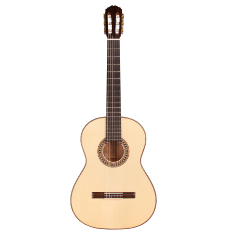 The front of a Loriente &quot;Carmen&quot; flamenco guitar made with spruce top and cypress back and sides