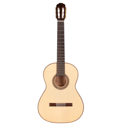 The front of a Loriente "Carmen" flamenco guitar made with spruce top and cypress back and sides