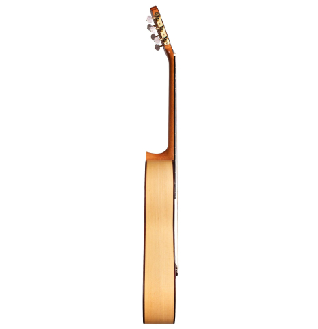 The side of a Loriente "Carmen" flamenco guitar made with spruce top and cypress back and sides