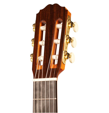The headstock of a Loriente &quot;Carmen Negra&quot; flamenco negra guitar made of spruce and Indian rosewood.