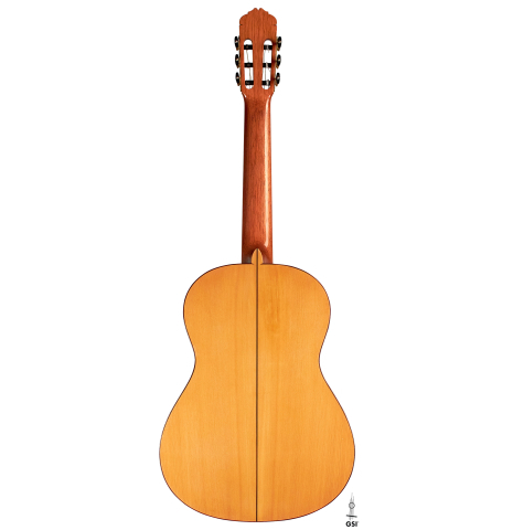 The back of a 1990 Antonio Marin Montero flamenco guitar made of spruce and cypress