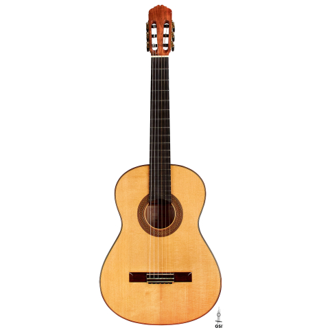 The front of a 1990 Antonio Marin Montero flamenco guitar made of spruce and cypress