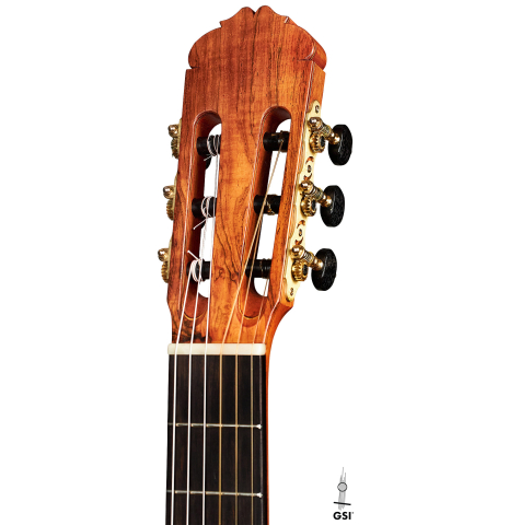 The headstock of a 1990 Antonio Marin Montero flamenco guitar made of spruce and cypress