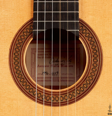 The rosette of a 1990 Antonio Marin Montero flamenco guitar made of spruce and cypress