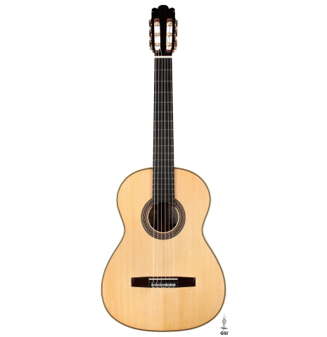 The front of a 2006 Rafael Moreno Rodriguez &quot;Negra&quot; flamenco guitar made of spruce and CSA rosewood.