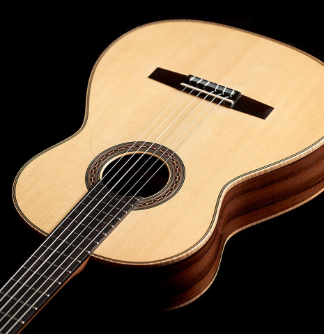 The soundboard of a 2006 Rafael Moreno Rodriguez &quot;Negra&quot; flamenco guitar made of spruce and CSA rosewood.