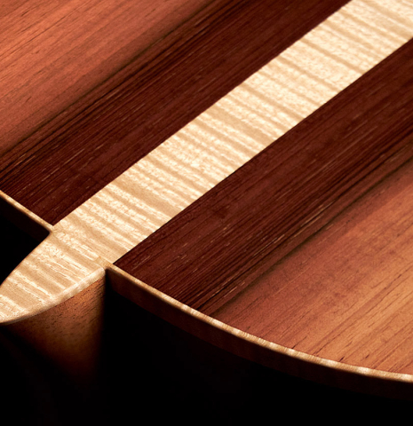 The heel of a 2006 Rafael Moreno Rodriguez &quot;Negra&quot; flamenco guitar made of spruce and CSA rosewood.