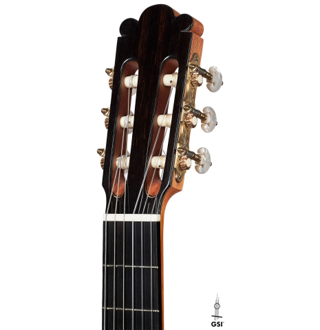 The headstock of a 2006 Rafael Moreno Rodriguez &quot;Negra&quot; flamenco guitar made of spruce and CSA rosewood.