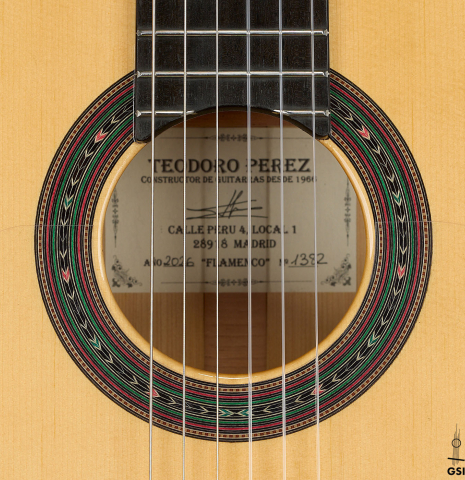 The rosette of a 2026 Teodoro Perez "Flamenco Blanca" guitar made of spruce and cypress