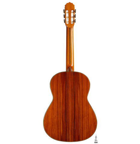 The back of a 2025 Teodoro Perez "Flamenco Negra" guitar made of spruce and African rosewood