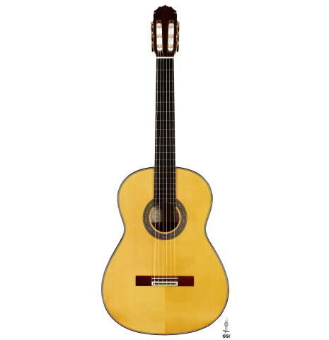 The front of a 2025 Teodoro Perez "Flamenco Negra" guitar made of spruce and African rosewood