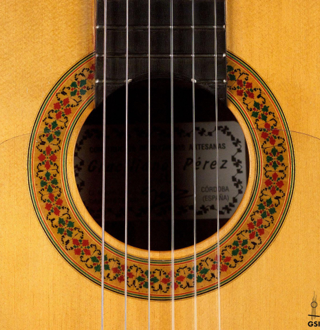 The rosette of a 2013 Graciliano Perez "Negra" flamenco guitar (ex Fareed Haque) made of spruce and Honduran rosewood