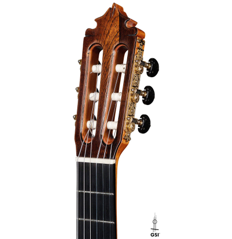 The headstock of a 2013 Graciliano Perez "Negra" flamenco guitar (ex Fareed Haque) made of spruce and Honduran rosewood