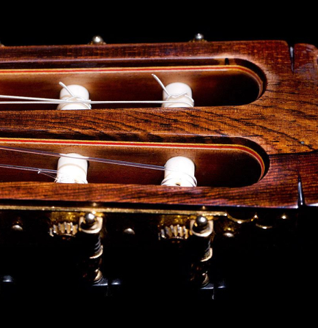 The headstock and tuning machines of a 2013 Graciliano Perez "Negra" flamenco guitar (ex Fareed Haque) made of spruce and Honduran rosewood