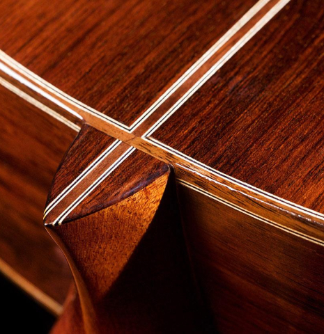 The heel, back binding and purfling of a 2013 Graciliano Perez "Negra" flamenco guitar (ex Fareed Haque) made of spruce and Honduran rosewood