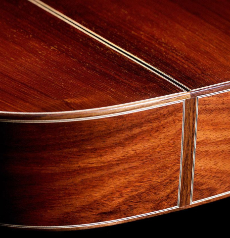 The back and sides at the foot of a 2013 Graciliano Perez "Negra" flamenco guitar (ex Fareed Haque) made of spruce and Honduran rosewood