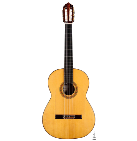 The front of a 2013 Graciliano Perez "Negra" flamenco guitar (ex Fareed Haque) made of spruce and Honduran rosewood