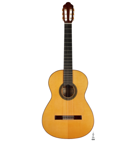 The front of a 1999 Jose Marin Plazuelo flamenco guitar made of spruce and cypress