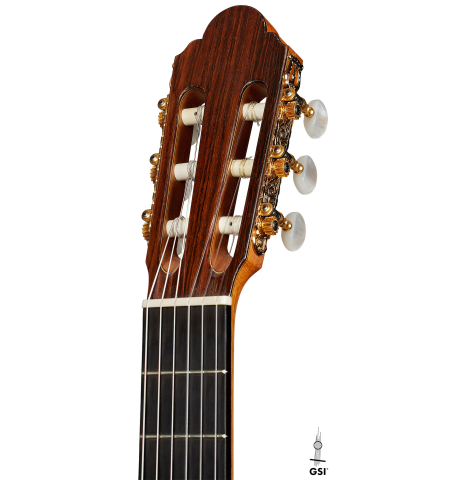 The headstock of a 1999 Jose Marin Plazuelo flamenco guitar made of spruce and cypress