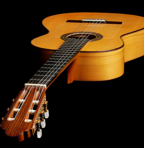 View from the headstock of a 1999 Jose Marin Plazuelo flamenco guitar made of spruce and cypress