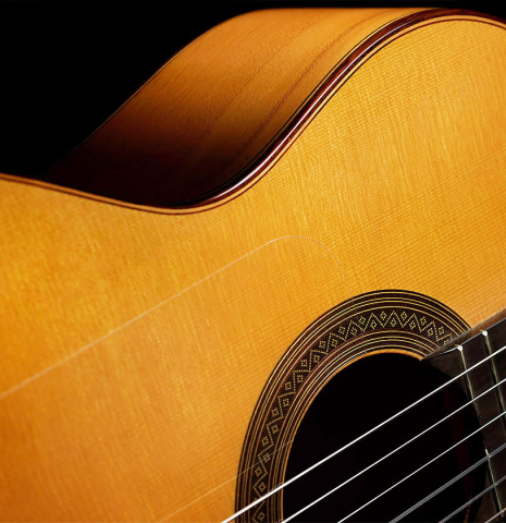 The soundboard of a 1999 Jose Marin Plazuelo flamenco guitar made of spruce and cypress