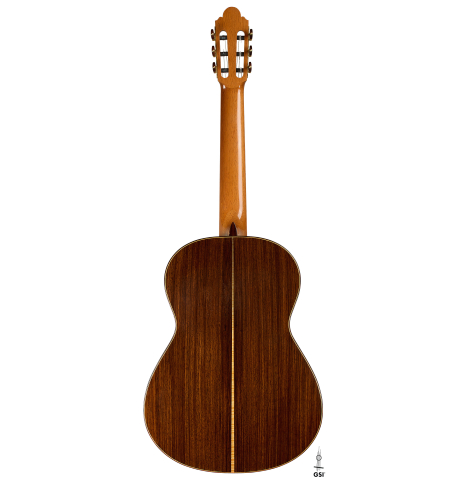 The back of a 2014 Jose Marin Plazuelo "Negra" flamenco guitar made of spruce and Indian rosewood