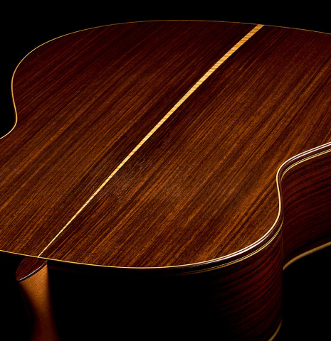 The heel, back binding and purfling of a 2014 Jose Marin Plazuelo "Negra" flamenco guitar made of spruce and Indian rosewood