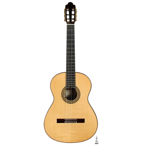 The front of a 2014 Jose Marin Plazuelo "Negra" flamenco guitar made of spruce and Indian rosewood