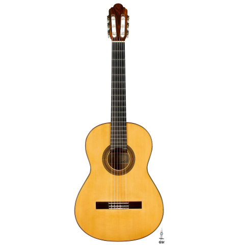 The front of a 1994 Jose Marin Plazuelo flamenco guitar made of spruce and cypress