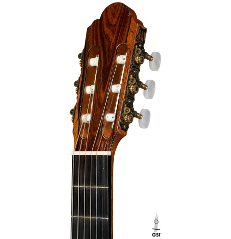 The headstock of a 1994 Jose Marin Plazuelo flamenco guitar made of spruce and cypress